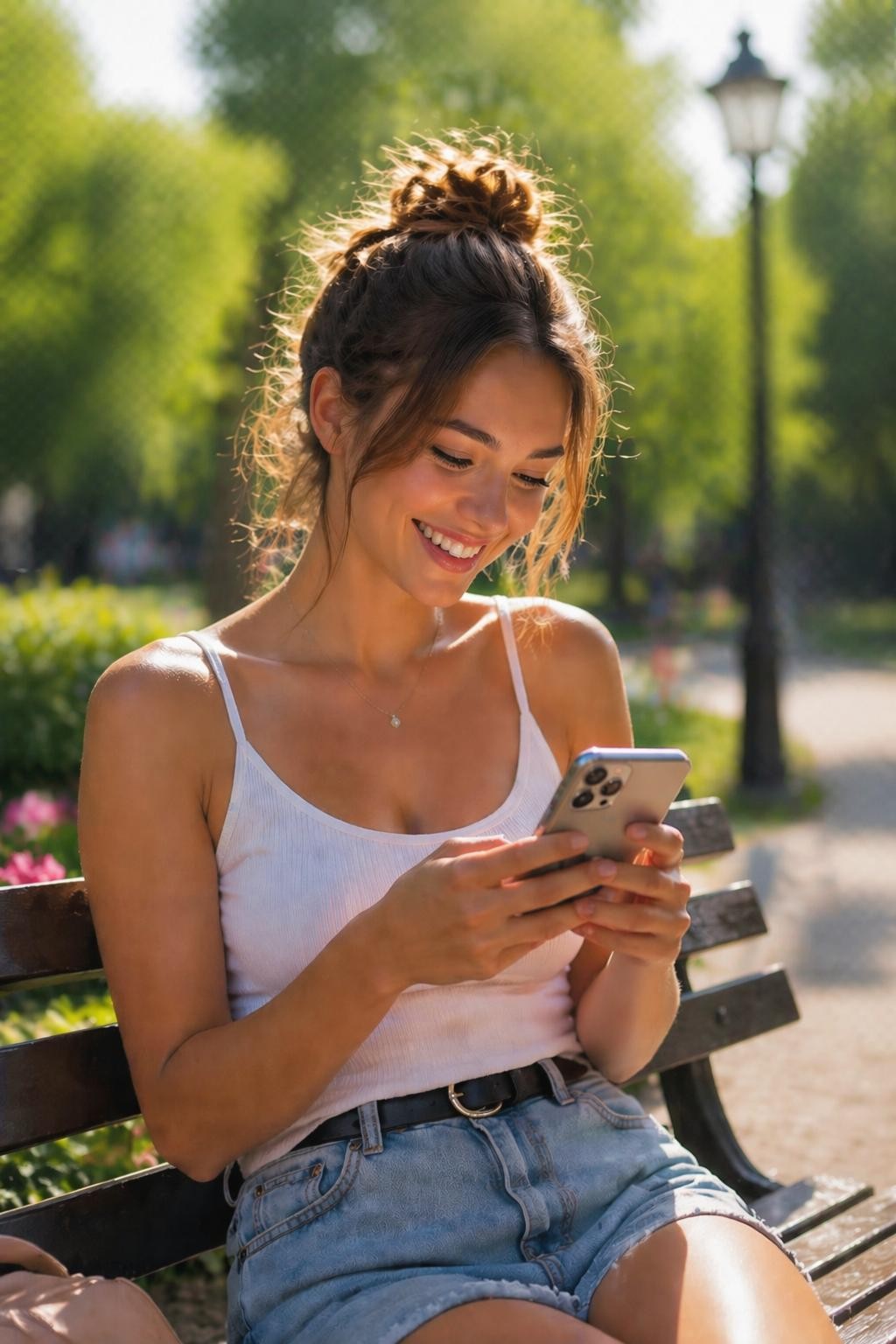 Девушка смотрит в телефон за столиком в парке